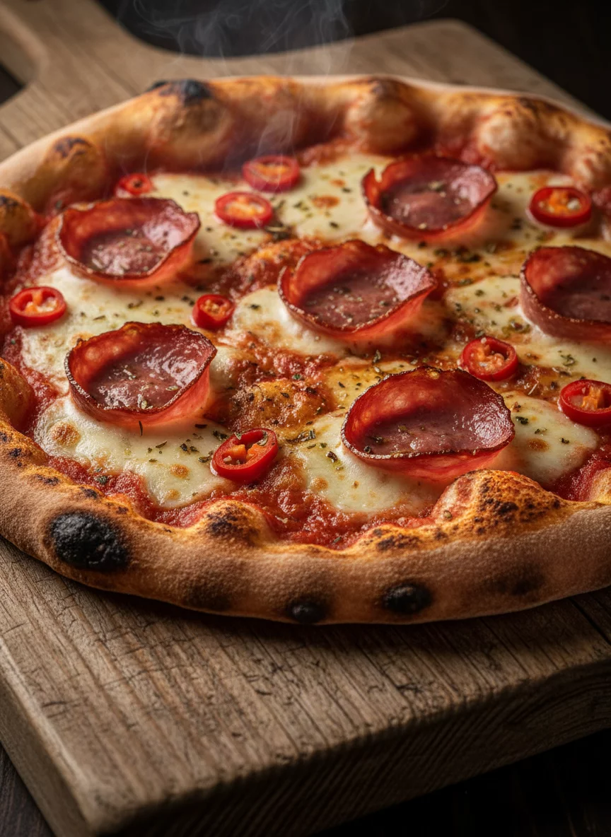 Diavola pizza with spicy salami, chili peppers, mozzarella, tomato sauce, rustic wooden board, close-up appetizing shot