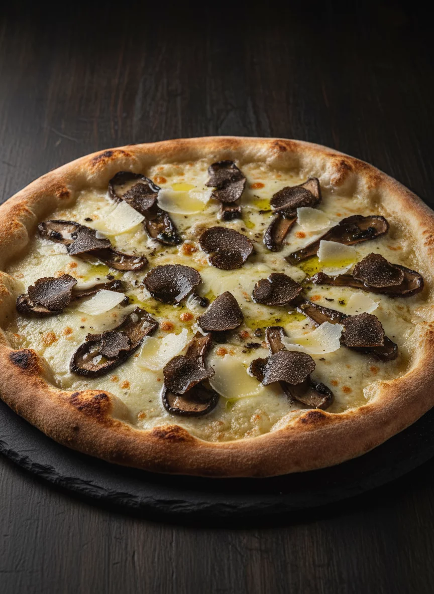 Tartufo pizza with black truffle shavings, mushrooms, mozzarella, cream sauce, luxurious appetizing close-up on dark background