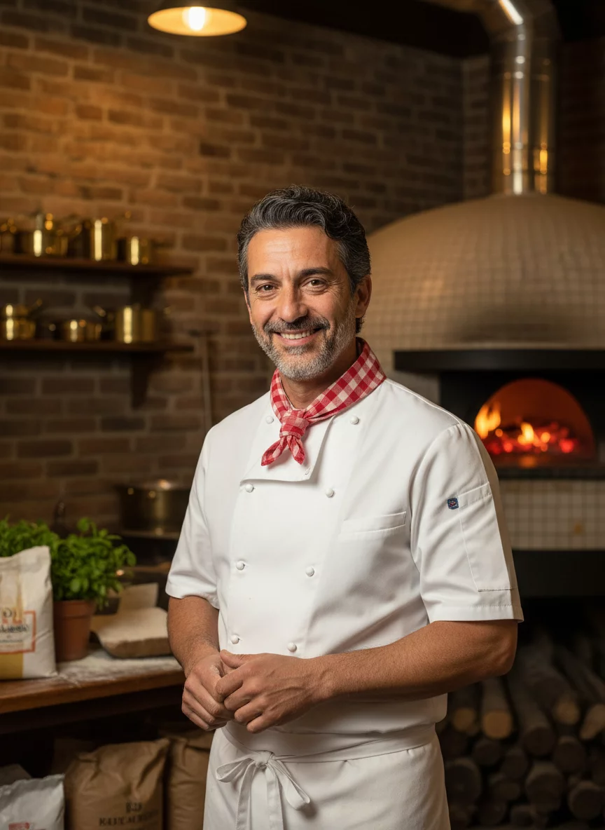 Italian male chef in his 40s, warm smile, white chef uniform, flour on apron, standing in rustic pizzeria kitchen, professional portrait, Mediterranean appearance