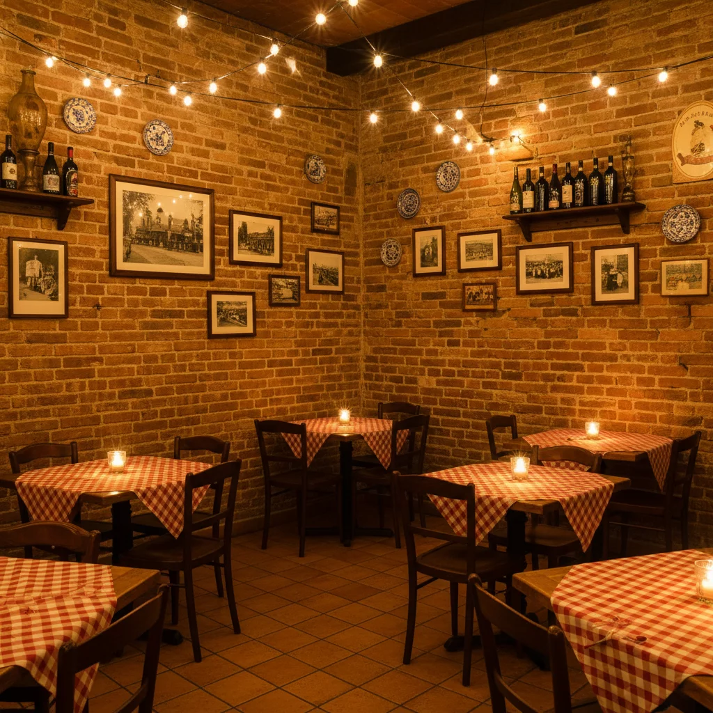Cozy rustic Italian pizzeria interior with exposed brick walls, warm candlelight, wooden tables with checkered tablecloths, vintage decor