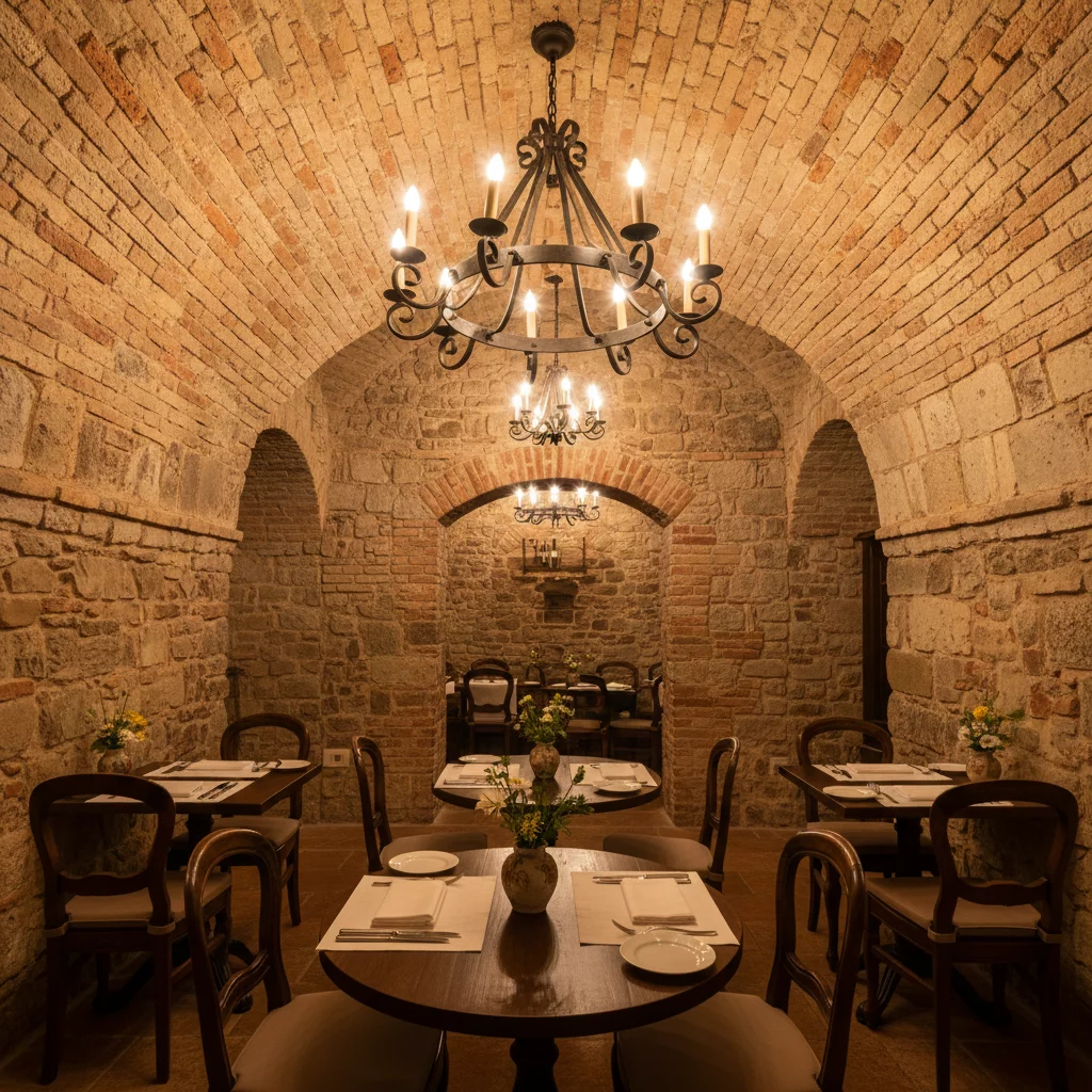 Rustic Italian restaurant dining area with stone walls, antique chandelier, fresh flowers on tables, cozy romantic atmosphere
