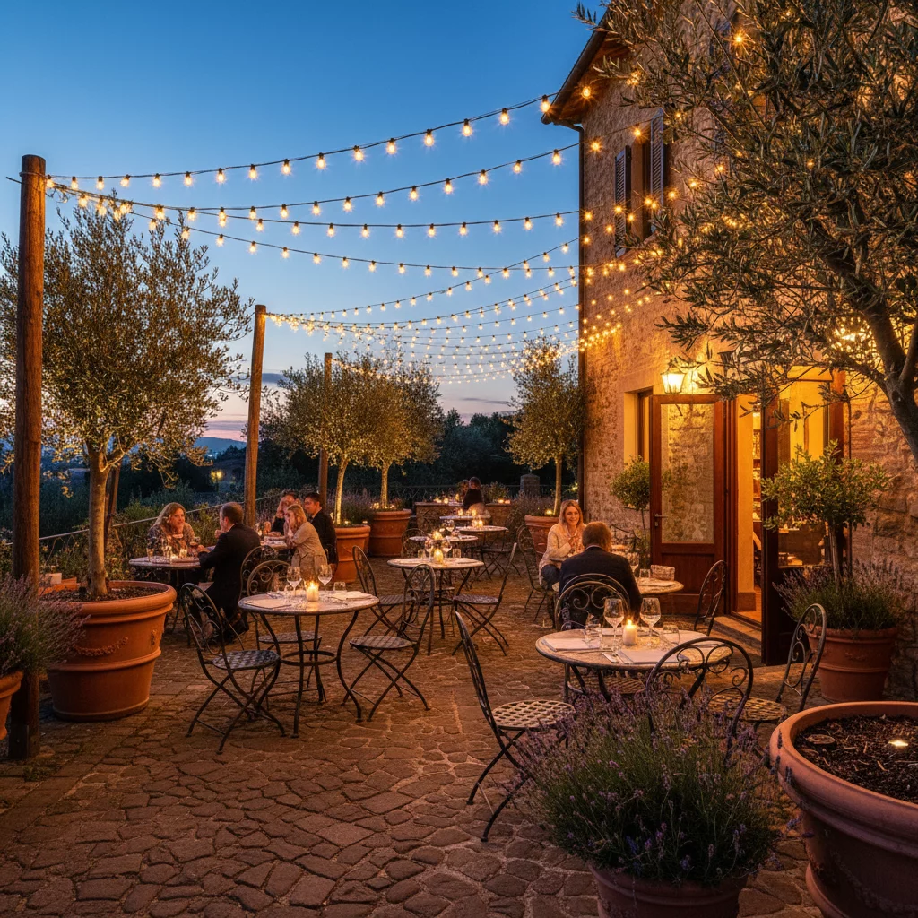 Italian pizzeria outdoor terrace with string lights, potted olive trees, wrought iron chairs, evening atmosphere, warm inviting