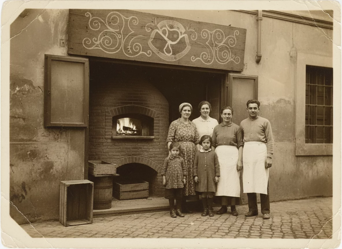 Old black and white photograph of a small Italian pizzeria from the 1920s, vintage sepia tones, brick oven, Italian family standing in front, nostalgic atmosphere