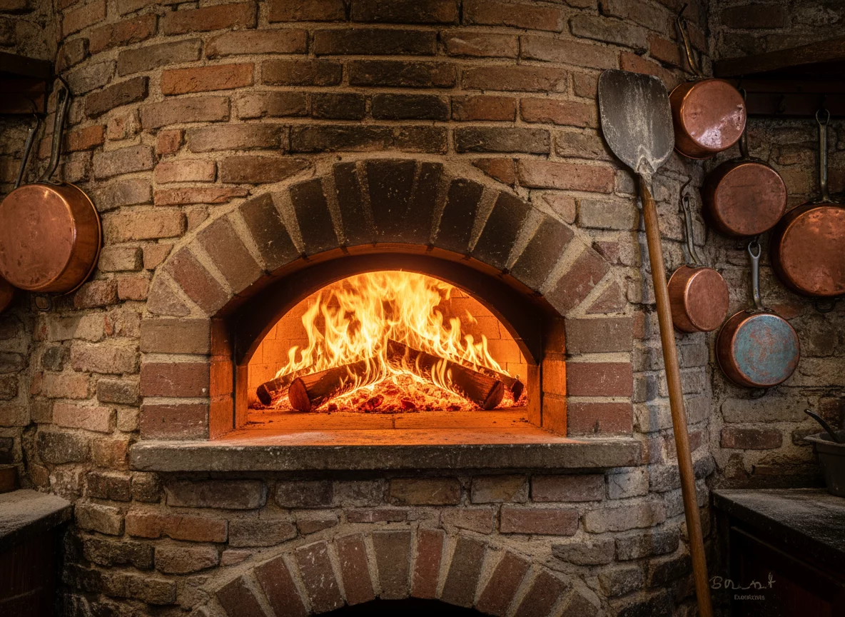 Large traditional Italian brick wood-fired pizza oven with roaring flames inside, burning logs, warm orange glow, rustic pizzeria setting, high quality
